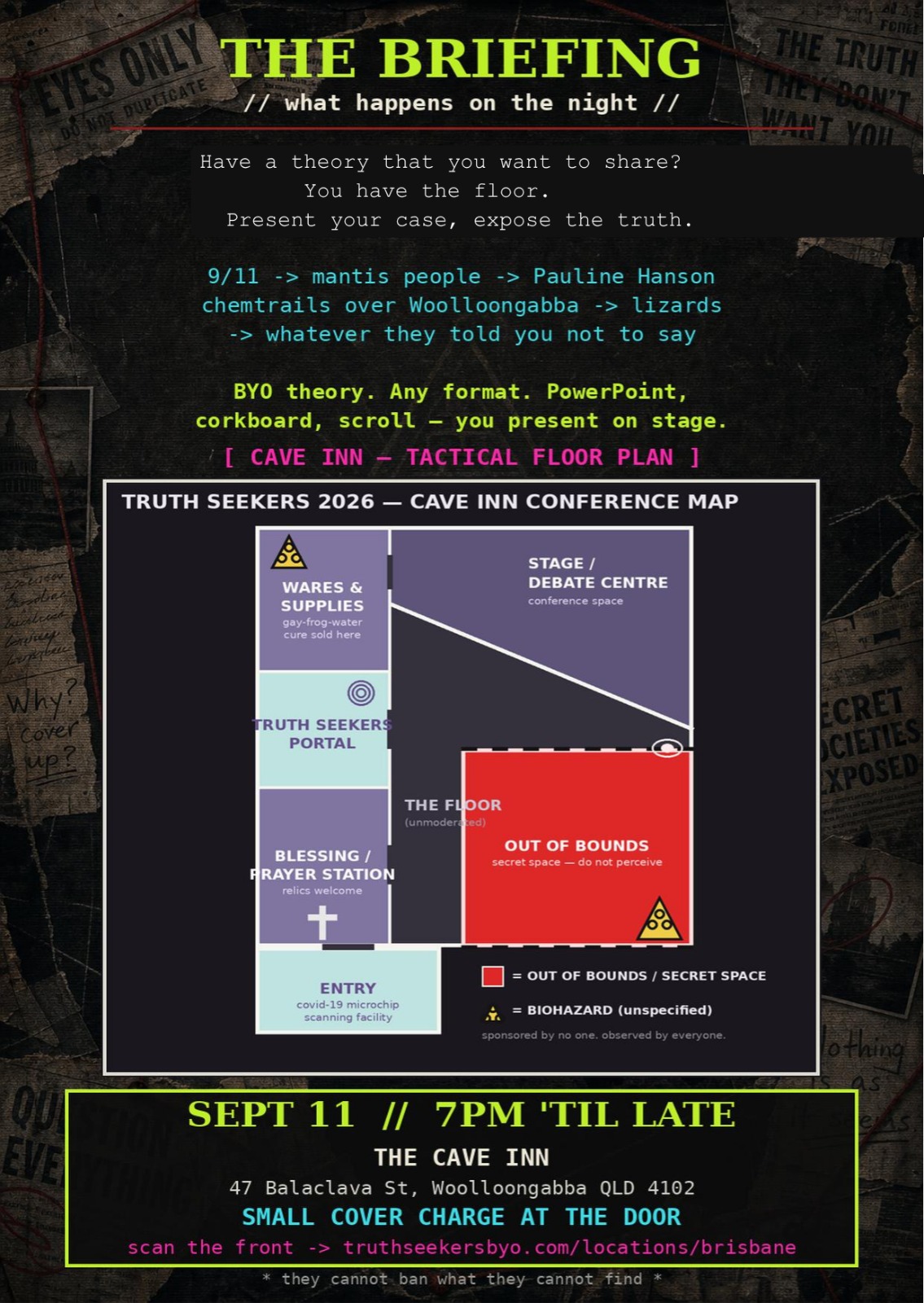 Truth Seekers Brisbane 2026 flyer — back (the briefing + Cave Inn tactical floor plan)